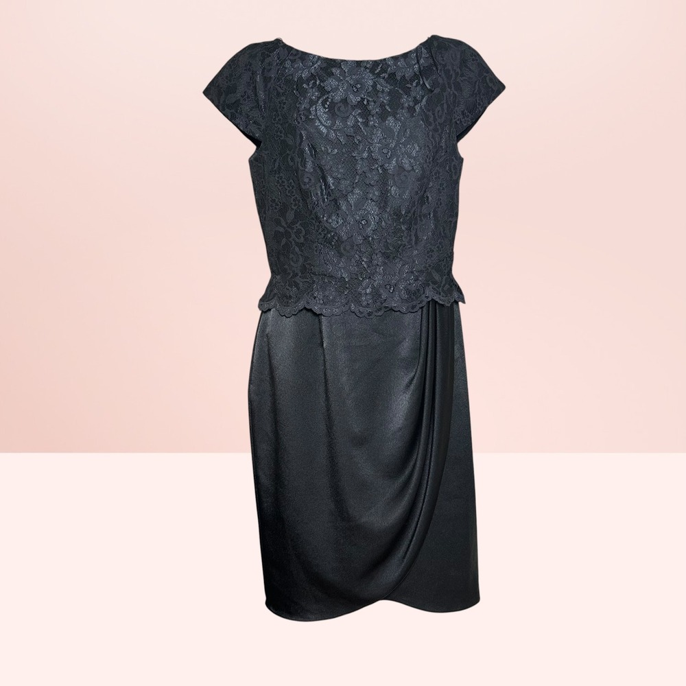 Frank Usher Vintage Lace Satin Peplum Cocktail Little Black Dress US 8 UK 12